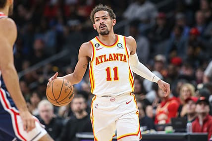 Apr 5, 2023; Atlanta, Georgia, USA; Atlanta Hawks guard Trae Young (11) dribbles against the Washington Wizards in the first half at State Farm Arena. Mandatory Credit: Brett Davis-USA TODAY Sports