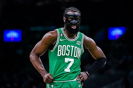 Apr 5, 2023; Boston, Massachusetts, USA; Boston Celtics guard Jaylen Brown (7) on the court against the Toronto Raptors in the second half at TD Garden. Mandatory Credit: David Butler II-USA TODAY Sports