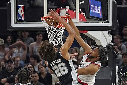 Apr 6, 2023; Austin, Texas, USA; Portland Trailblazers forward Trendon Watford (2) dunks over San Antonio Spurs forward Dominick Barlow (26) during the first half at Moody Center. Mandatory Credit: Scott Wachter-USA TODAY Sports