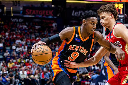 Apr 7, 2023; New Orleans, Louisiana, USA;  New York Knicks guard RJ Barrett (9) dribbles against New Orleans Pelicans guard Dyson Daniels (11) during the first half at Smoothie King Center. Mandatory Credit: Stephen Lew-USA TODAY Sports