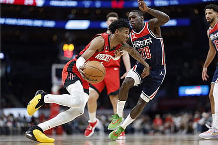 Apr 9, 2023; Washington, District of Columbia, USA; Houston Rockets guard Jalen Green (4) dribbles the ball as Washington Wizards guard Kendrick Nunn (20) defends in the second quarterat Capital One Arena. Mandatory Credit: Geoff Burke-USA TODAY Sports