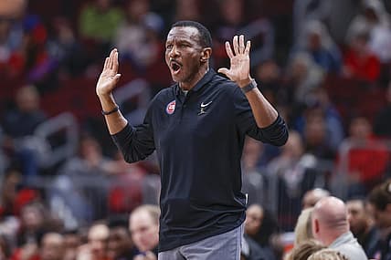 Apr 9, 2023; Chicago, Illinois, USA; Detroit Pistons head coach Dwane Casey reacts during the first half at United Center. Mandatory Credit: Kamil Krzaczynski-USA TODAY Sports