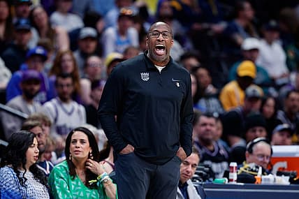 Apr 9, 2023; Denver, Colorado, USA; Sacramento Kings head coach Mike Brown in the second quarter against the Denver Nuggets at Ball Arena. Mandatory Credit: Isaiah J. Downing-USA TODAY Sports