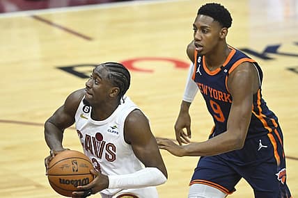 Apr 15, 2023; Cleveland, Ohio, USA; Cleveland Cavaliers guard Caris LeVert (3) drives past New York Knicks guard RJ Barrett (9) in the second quarter of game one of the 2023 NBA playoffs at Rocket Mortgage FieldHouse. Mandatory Credit: David Richard-USA TODAY Sports