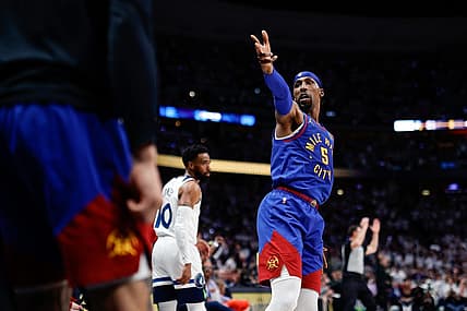 Apr 16, 2023; Denver, Colorado, USA; Denver Nuggets guard Kentavious Caldwell-Pope (5) gestures after a play in the second quarter against the Minnesota Timberwolves during game one of the 2023 NBA Playoffs at Ball Arena. Mandatory Credit: Isaiah J. Downing-USA TODAY Sports