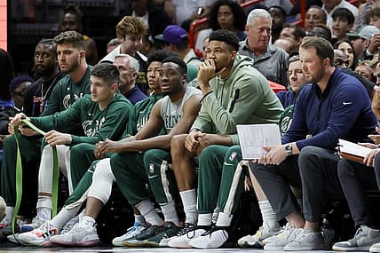 Apr 22, 2023; Miami, Florida, USA; Milwaukee Bucks forward Giannis Antetokounmpo (34) looks on from the bench in the second quarter against the Miami Heat during game three of the 2023 NBA Playoffs at Kaseya Center. Mandatory Credit: Sam Navarro-USA TODAY Sports