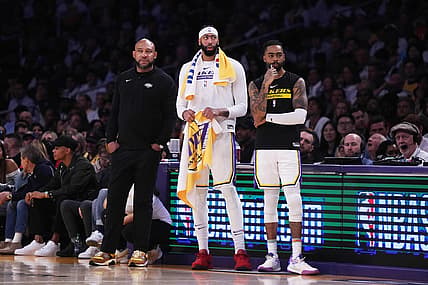 Apr 22, 2023; Los Angeles, California, USA; Los Angeles Lakers coach Darvin Ham (left), forward Anthony Davis (3) and guard D'Angelo Russell (1) react against the Memphis Grizzlies in the fourth quarter during game three of the 2023 NBA playoffs at Crypto.com Arena. Mandatory Credit: Kirby Lee-USA TODAY Sports