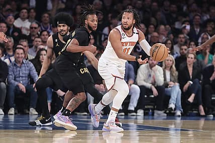 Apr 23, 2023; New York, New York, USA; Cleveland Cavaliers guard Darius Garland (10) defends New York Knicks guard Jalen Brunson (11) during game four of the 2023 NBA playoffs at Madison Square Garden. Mandatory Credit: Wendell Cruz-USA TODAY Sports