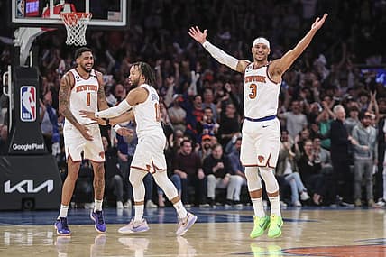 Apr 23, 2023; New York, New York, USA; New York Knicks forward Obi Toppin (1), and guards Jalen Brunson (11) and  Josh Hart (3) celebrates during game four of the 2023 NBA playoffs against the Cleveland Cavaliers at Madison Square Garden. Mandatory Credit: Wendell Cruz-USA TODAY Sports
