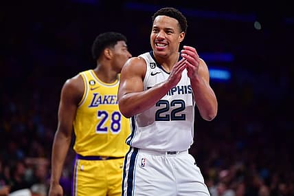 Apr 24, 2023; Los Angeles, California, USA; Memphis Grizzlies guard Desmond Bane (22) reacts after scoring a basket against the Los Angeles Lakers during the second half in game four of the 2023 NBA playoffs at Crypto.com Arena. Mandatory Credit: Gary A. Vasquez-USA TODAY Sports