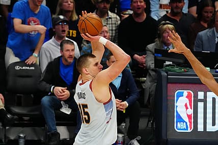 Apr 25, 2023; Denver, Colorado, USA; Denver Nuggets center Nikola Jokic (15) shoots in the second half against the Minnesota Timberwolves in game five of the 2023 NBA Playoffs at Ball Arena. Mandatory Credit: Ron Chenoy-USA TODAY Sports