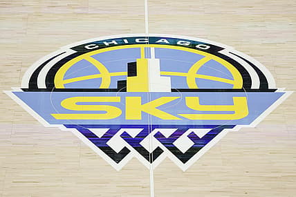 Aug 20, 2022; Chicago, Illinois, USA; Chicago Sky logo is seen on the court before Game 2 of the first round of the WNBA playoffs between the Chicago Sky and New York Liberty at Wintrust Arena. Mandatory Credit: Kamil Krzaczynski-USA TODAY Sports