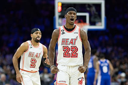 Feb 27, 2023; Philadelphia, Pennsylvania, USA; Miami Heat forward Jimmy Butler (22) reacts after regaining ball control against the Philadelphia 76ers during the third quarter at Wells Fargo Center. Mandatory Credit: Bill Streicher-USA TODAY Sports