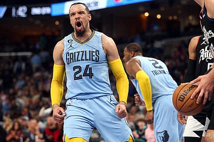 Mar 29, 2023; Memphis, Tennessee, USA; Memphis Grizzlies forward Dillon Brooks (24) reacts after a basket during the first half against the Los Angeles Clippers at FedExForum. Mandatory Credit: Petre Thomas-USA TODAY Sports