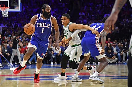 May 7, 2023; Philadelphia, Pennsylvania, USA; Philadelphia 76ers guard James Harden (1) drives past Boston Celtics guard Malcolm Brogdon (13) during the second quarter of game four of the 2023 NBA playoffs at Wells Fargo Center. Mandatory Credit: Eric Hartline-USA TODAY Sports