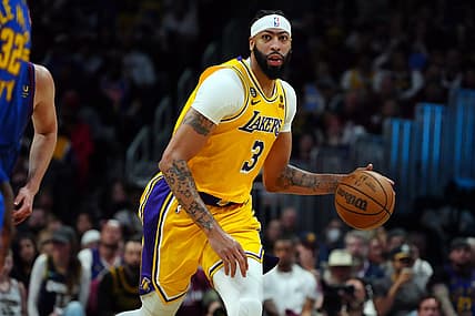 May 16, 2023; Denver, Colorado, USA; Los Angeles Lakers forward Anthony Davis (3) controls the ball against the Denver Nuggets in the third quarter during game one of the Western Conference Finals for the 2023 NBA playoffs at Ball Arena. Mandatory Credit: Ron Chenoy-USA TODAY Sports