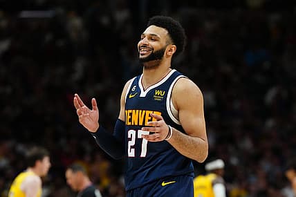 May 18, 2023; Denver, Colorado, USA; Denver Nuggets guard Jamal Murray (27) reacts in the third quarter against the Los Angeles Lakers during game two of the Western Conference Finals for the 2023 NBA playoffs at Ball Arena. Mandatory Credit: Ron Chenoy-USA TODAY Sports