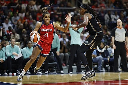 May 19, 2023; Washington, District of Columbia, USA; Washington Mystics forward Tianna Hawkins (21) drives to the basket as New York Liberty forward Jonquel Jones (35) defends at Entertainment & Sports Arena. Mandatory Credit: Geoff Burke-USA TODAY Sports