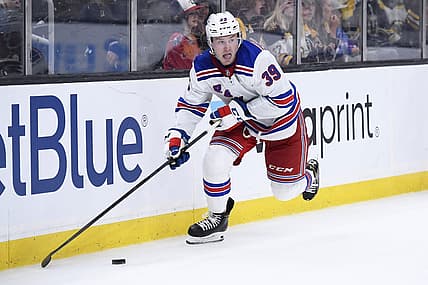 Sep 27, 2022; Boston, Massachusetts, USA;  New York Rangers defenseman Ty Emberson (39) skates with the puck during the third period against the Boston Bruins at TD Garden. Mandatory Credit: Bob DeChiara-USA TODAY Sports