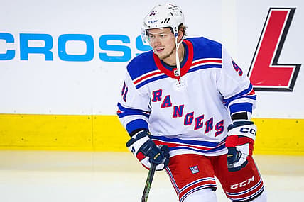 Feb 18, 2023; Calgary, Alberta, CAN; New York Rangers right wing Vladimir Tarasenko (91) skates during the warmup period against the Calgary Flames at Scotiabank Saddledome. Mandatory Credit: Sergei Belski-USA TODAY Sports