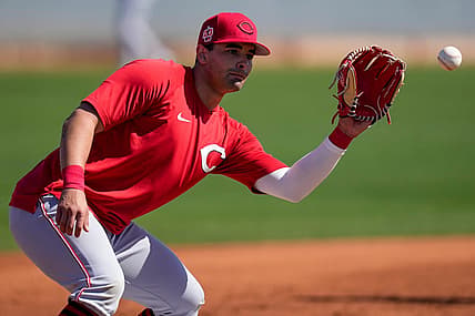 Cincinnati Reds infielder Christian Encarnacion-Strand (94) catches a ground ball at third base at the Cincinnati Reds Player Development Complex in Goodyear, Ariz., on Thursday, Feb. 23, 2023.

Cincinnati Reds Spring Training