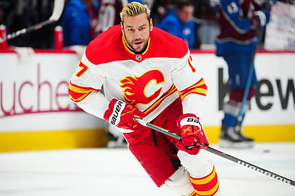 Feb 25, 2023; Denver, Colorado, USA; Calgary Flames left wing Milan Lucic (17) warms up before a game against the Colorado Avalanche at Ball Arena. Mandatory Credit: Ron Chenoy-USA TODAY Sports
