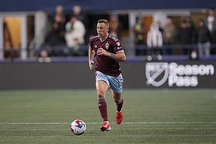 Feb 26, 2023; Seattle, Washington, USA; Colorado Rapids defender Alex Gersbach (16) dribbles down the pitch in the first half against the Seattle Sounders FC at Lumen Field. Mandatory Credit: Kirby Lee-USA TODAY Sports