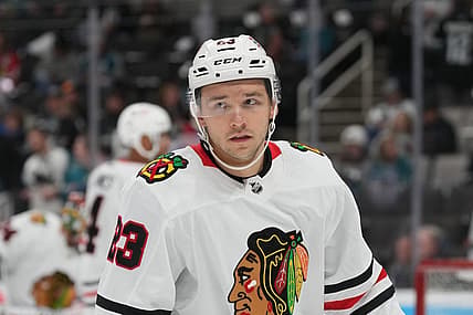 Feb 25, 2023; San Jose, California, USA; Chicago Blackhawks center Philipp Kurashev (23) warms up before the game against the San Jose Sharks at SAP Center at San Jose. Mandatory Credit: Darren Yamashita-USA TODAY Sports