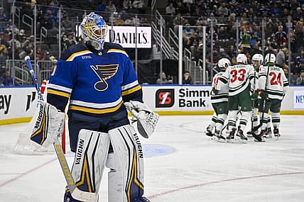 Mar 15, 2023; St. Louis, Missouri, USA;  St. Louis Blues goaltender Thomas Greiss (1) looks on after giving up a goal to Minnesota Wild right wing Ryan Reaves (75) during the third period at Enterprise Center. Mandatory Credit: Jeff Curry-USA TODAY Sports