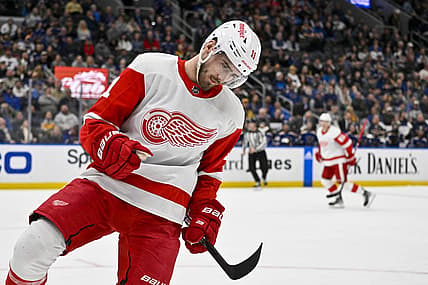 Mar 21, 2023; St. Louis, Missouri, USA;  Detroit Red Wings right wing Filip Zadina (11) reacts after scoring against the St. Louis Blues during the first period at Enterprise Center. Mandatory Credit: Jeff Curry-USA TODAY Sports