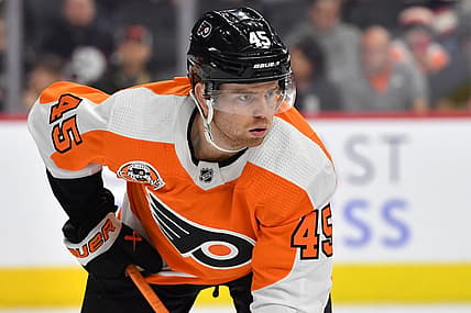 Apr 1, 2023; Philadelphia, Pennsylvania, USA; Philadelphia Flyers defenseman Cam York (45) against the Buffalo Sabres at Wells Fargo Center. Mandatory Credit: Eric Hartline-USA TODAY Sports