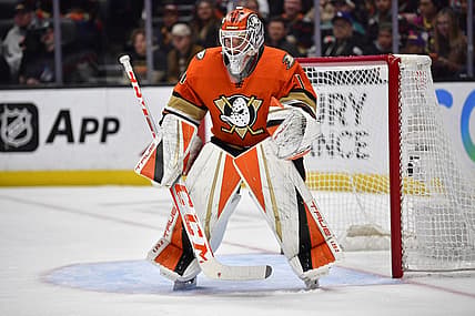 Apr 5, 2023; Anaheim, California, USA; Anaheim Ducks goaltender Lukas Dostal (1) defends the goal against the Edmonton Oilers during the first period at Honda Center. Mandatory Credit: Gary A. Vasquez-USA TODAY Sports
