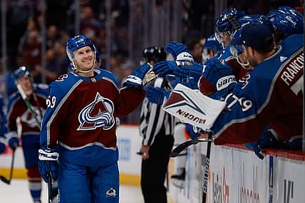 Apr 11, 2023; Denver, Colorado, USA; Colorado Avalanche center Ben Meyers (59) celebrates with the bench after a goal in the first period against the Edmonton Oilers at Ball Arena. Mandatory Credit: Isaiah J. Downing-USA TODAY Sports