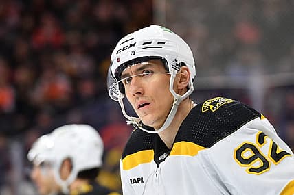 Apr 9, 2023; Philadelphia, Pennsylvania, USA; Boston Bruins left wing Tomas Nosek (92) against the Philadelphia Flyers at Wells Fargo Center. Mandatory Credit: Eric Hartline-USA TODAY Sports