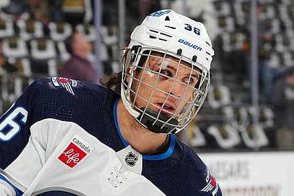 Apr 20, 2023; Las Vegas, Nevada, USA; Winnipeg Jets center Morgan Barron (36) warms up before the start of game two of the first round of the 2023 Stanley Cup Playoffs against the Vegas Golden Knights at T-Mobile Arena. Mandatory Credit: Stephen R. Sylvanie-USA TODAY Sports