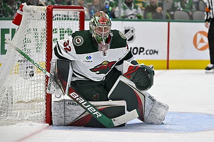 Apr 25, 2023; Dallas, Texas, USA; Minnesota Wild goaltender Filip Gustavsson (32) in action during the game between the Dallas Stars and the Minnesota Wild in game five of the first round of the 2023 Stanley Cup Playoffs at American Airlines Center. Mandatory Credit: Jerome Miron-USA TODAY Sports
