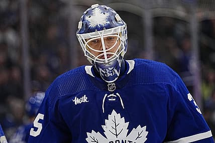 May 4, 2023; Toronto, Ontario, CANADA; Toronto Maple Leafs goaltender Ilya Samsonov (35) skates to the corner after a goal by the Florida Panthers during the second period of game two of the second round of the 2023 Stanley Cup Playoffs at Scotiabank Arena. Mandatory Credit: John E. Sokolowski-USA TODAY Sports