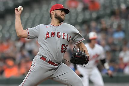 May 16, 2023; Baltimore, Maryland, USA;  Los Angeles Angels starting pitcher Chase Silseth (63) throws a first inning pitch against the Baltimore Orioles at Oriole Park at Camden Yards. Mandatory Credit: Tommy Gilligan-USA TODAY Sports