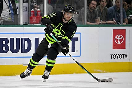 Apr 8, 2023; Dallas, Texas, USA; Dallas Stars center Max Domi (18) in action during the game between the Dallas Stars and the Vegas Golden Knights at American Airlines Center. Mandatory Credit: Jerome Miron-USA TODAY Sports