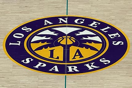 May 25, 2023; Los Angeles, California, USA; A general overall view of the LA Sparks logo at center court at Crypto.com Arena. Mandatory Credit: Kirby Lee-USA TODAY Sports