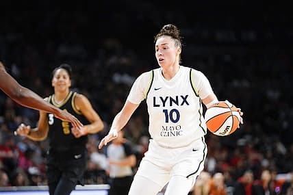 May 28, 2023; Las Vegas, Nevada, USA; Minnesota Lynx forward Jessica Shepard (10) dribbles the ball against the Las Vegas Aces during the second quarter at Michelob Ultra Arena. Mandatory Credit: Lucas Peltier-USA TODAY Sports