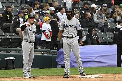 Jun 11, 2023; Chicago, Illinois, USA;  Miami Marlins left fielder Bryan De La Cruz (14) yells with Miami Marlins third base/infield coach Jody Reed (33) after hitting a two RBI double against the Chicago White Sox during the ninth inning at Guaranteed Rate Field. Mandatory Credit: Matt Marton-USA TODAY Sports