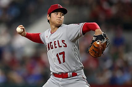 Jun 15, 2023; Arlington, Texas, USA; Los Angeles Angels starting pitcher Shohei Ohtani (17) throws a pitch in the third inning against the Texas Rangers at Globe Life Field. Mandatory Credit: Tim Heitman-USA TODAY Sports