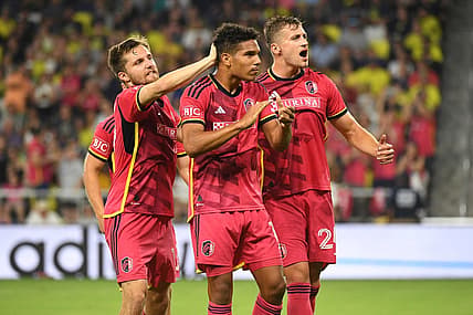Jun 17, 2023; Nashville, Tennessee, USA; St. Louis City forward Nicholas Gioacchini (11) celebrates with teammates after scoring a goal against Nashville SC during the first half at Geodis Park. Mandatory Credit: Christopher Hanewinckel-USA TODAY Sports