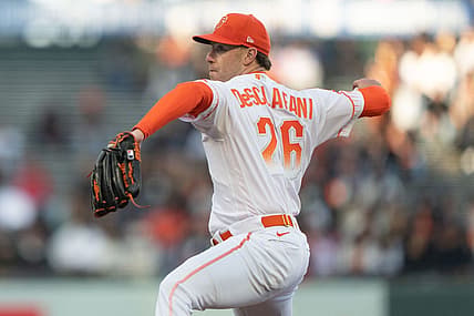 Jun 20, 2023; San Francisco, California, USA;  San Francisco Giants starting pitcher Anthony DeSclafani (26) pitches during the first inning against the San Diego Padres at Oracle Park. Mandatory Credit: Stan Szeto-USA TODAY Sports
