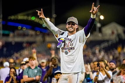Jun 26, 2023; Omaha, NE, USA; LSU Tigers center fielder Dylan Crews (3) celebrates after winning the College World Series over the Florida Gators at Charles Schwab Field Omaha. Mandatory Credit: Dylan Widger-USA TODAY Sports