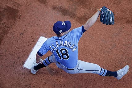 Jun 30, 2023; Seattle, Washington, USA; Tampa Bay Rays starting pitcher Shane McClanahan (18) warms up in the bullpen before a game against the Seattle Mariners at T-Mobile Park. Mandatory Credit: Joe Nicholson-USA TODAY Sports