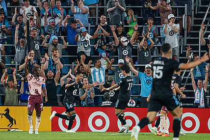 July 1, 2023; Saint Paul, Minnesota, USA; Minnesota United midfielder Emanuel Reynoso (10) celebrates his goal against the Portland Timbers during the second half at Allianz Field. Mandatory Credit: Matt Krohn-USA TODAY Sports