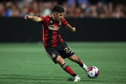 Jul 2, 2023; Atlanta, Georgia, USA; Atlanta United midfielder Thiago Almada (23) kicks the ball against the Philadelphia Union in the second half at Mercedes-Benz Stadium. Mandatory Credit: Brett Davis-USA TODAY Sports