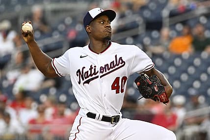 Jul 5, 2023; Washington, District of Columbia, USA; Washington Nationals starting pitcher Josiah Gray (40) throws to the Cincinnati Reds during the third inning at Nationals Park. Mandatory Credit: Brad Mills-USA TODAY Sports